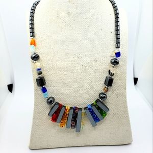 Hematite Stone Necklace Graduated Multi Color Glass Floral Beads 18"